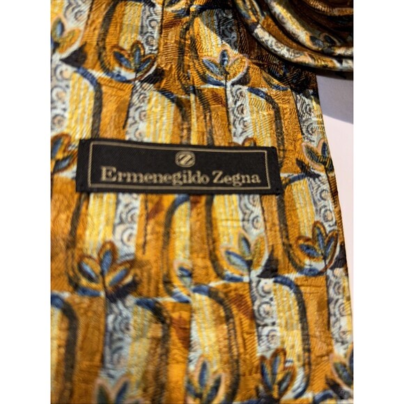 Ermenegildo ZEGNA REPP Tie Gold Blue Silver Italy 100% Woven Silk 60” X 3 3/4” - Picture 10 of 16